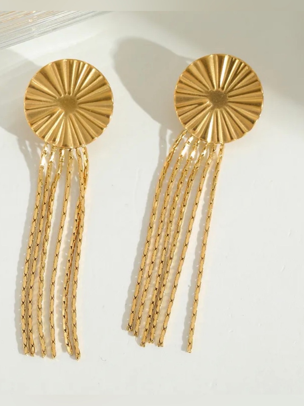 Gold Disc Tassel Statement Earrings – Long Chain Fringe Earrings